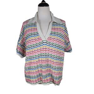 Boden Women's XL Colorful Oversized Short Sleeve Collard V-neck Sweater Rainbow